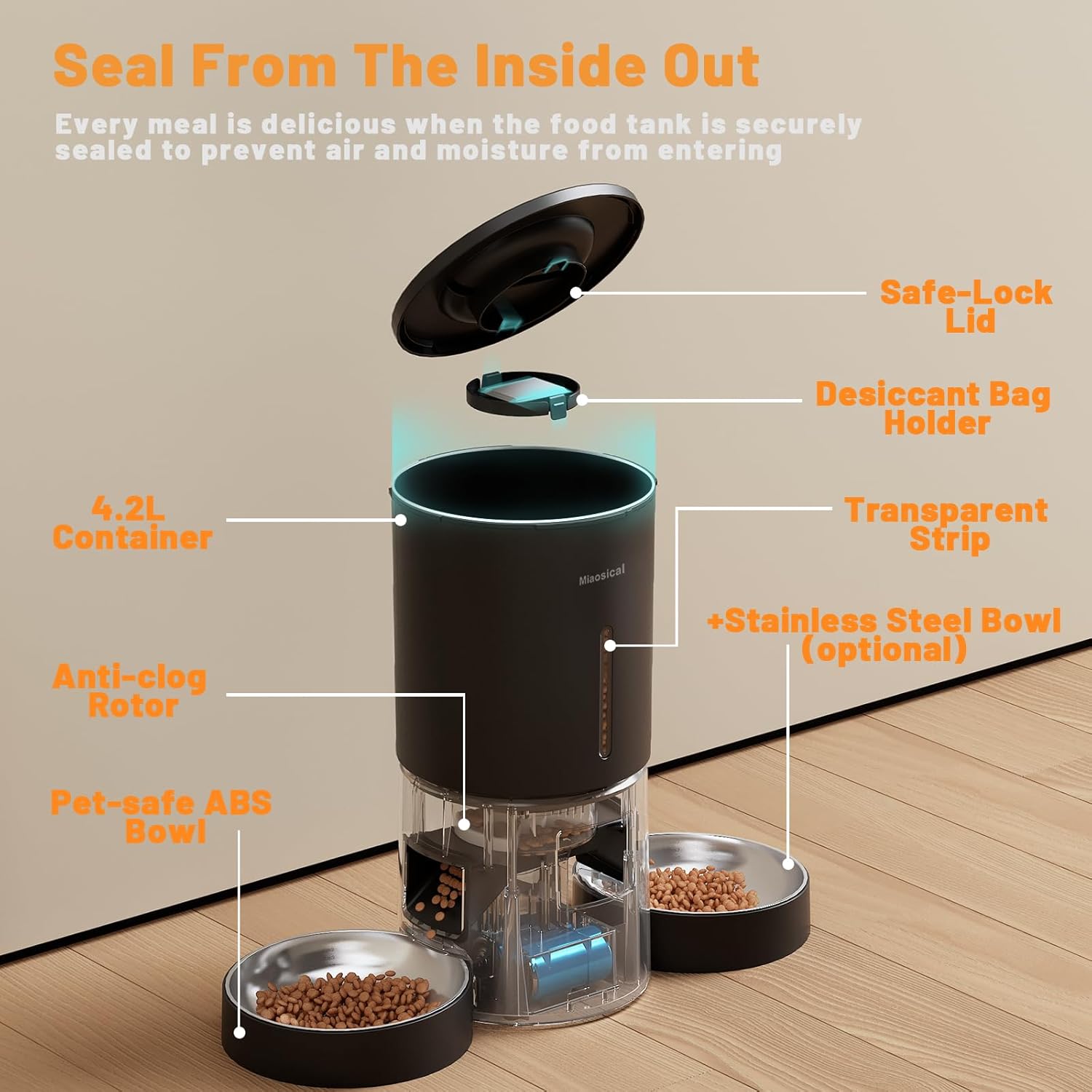 4.2L Automatic Cat Feeder for 2 Cats Dual Bowls WiFi App Timed Feeding Whisker Friendly