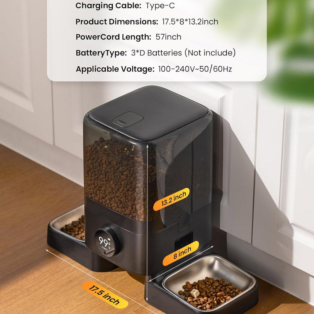 Cordless Automatic Cat Feeder for 2 Cats 5L Dual Bowl WiFi App 100-Day Battery