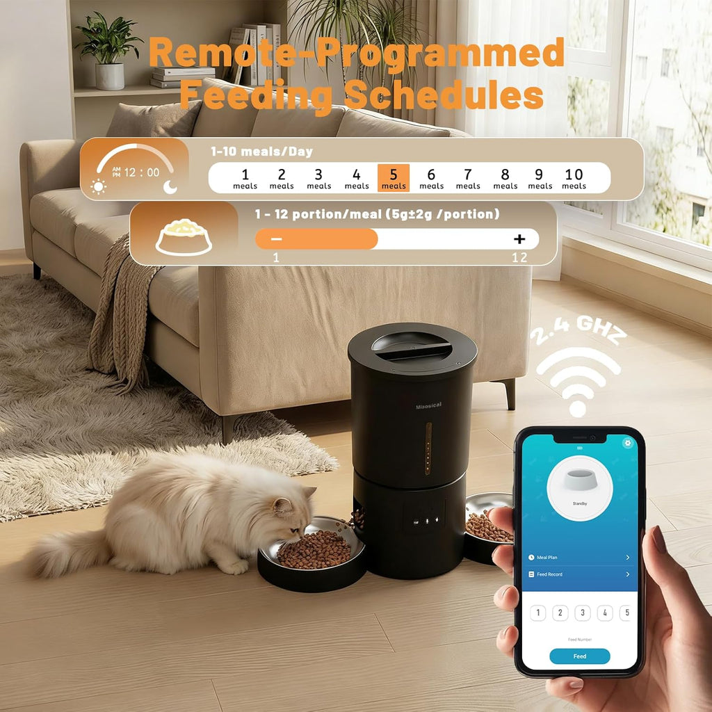 4.2L Automatic Cat Feeder for 2 Cats Dual Bowls WiFi App Timed Feeding Whisker Friendly