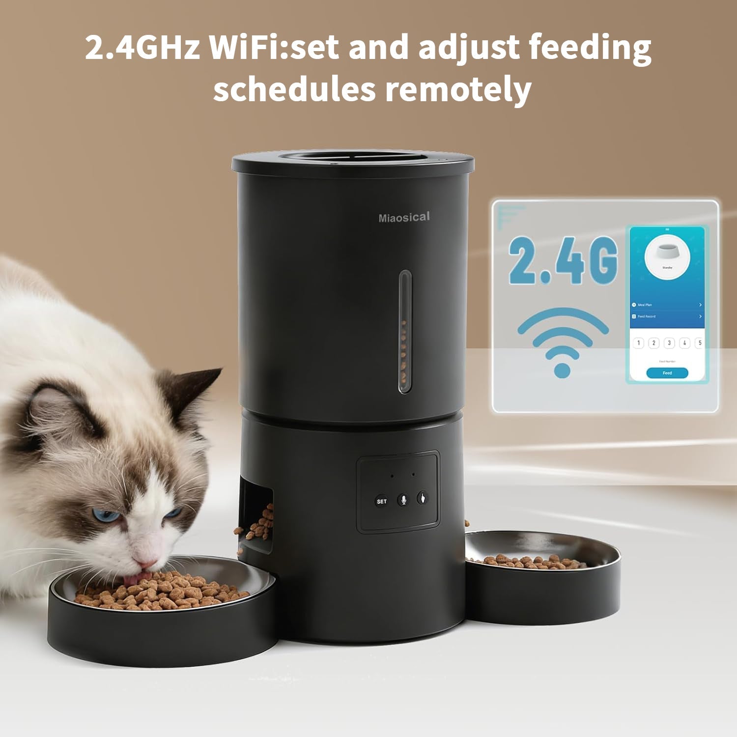 4.2L Automatic Cat Feeder for 2 Cats Dual Bowls WiFi App Timed Feeding Whisker Friendly