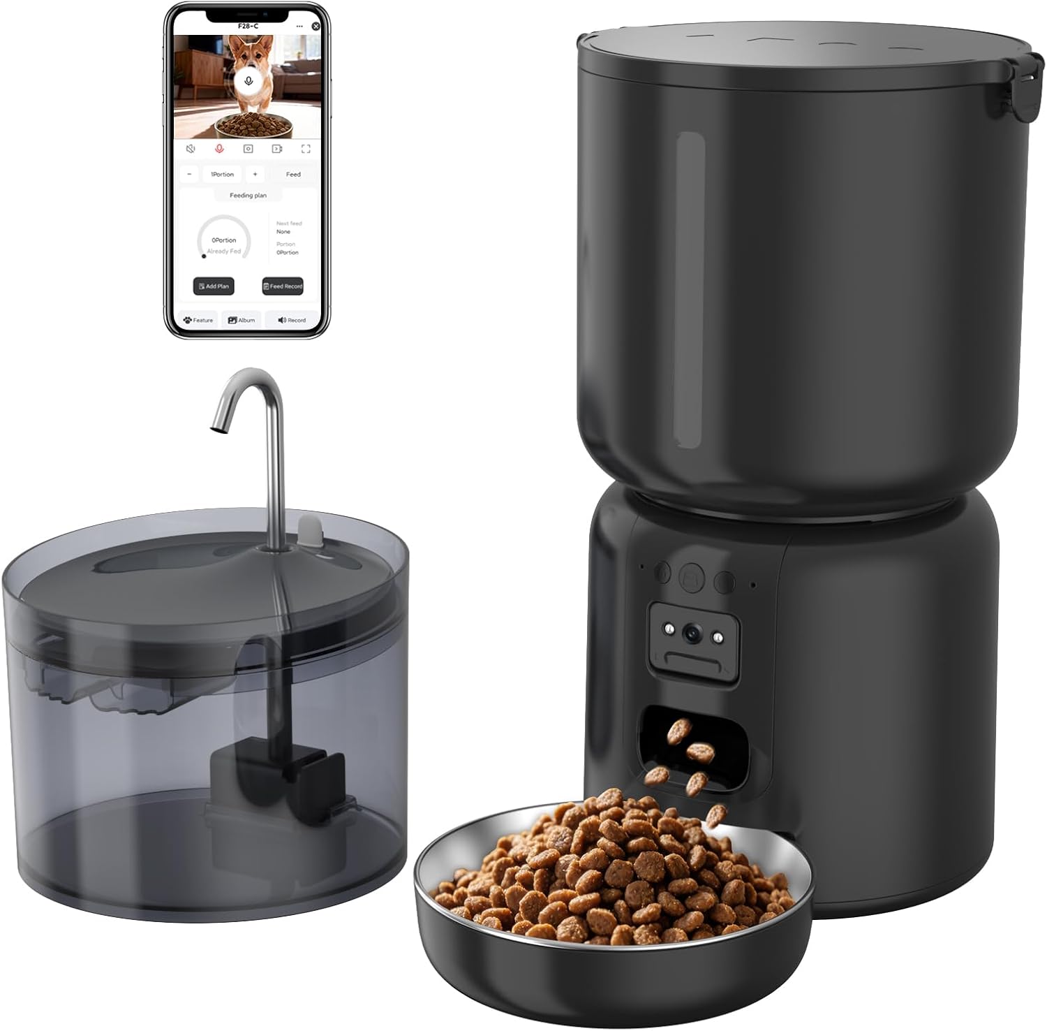 4L Cat Feeder and Water Dispenser Set with 2MP Camera WiFi App Control Single Plug