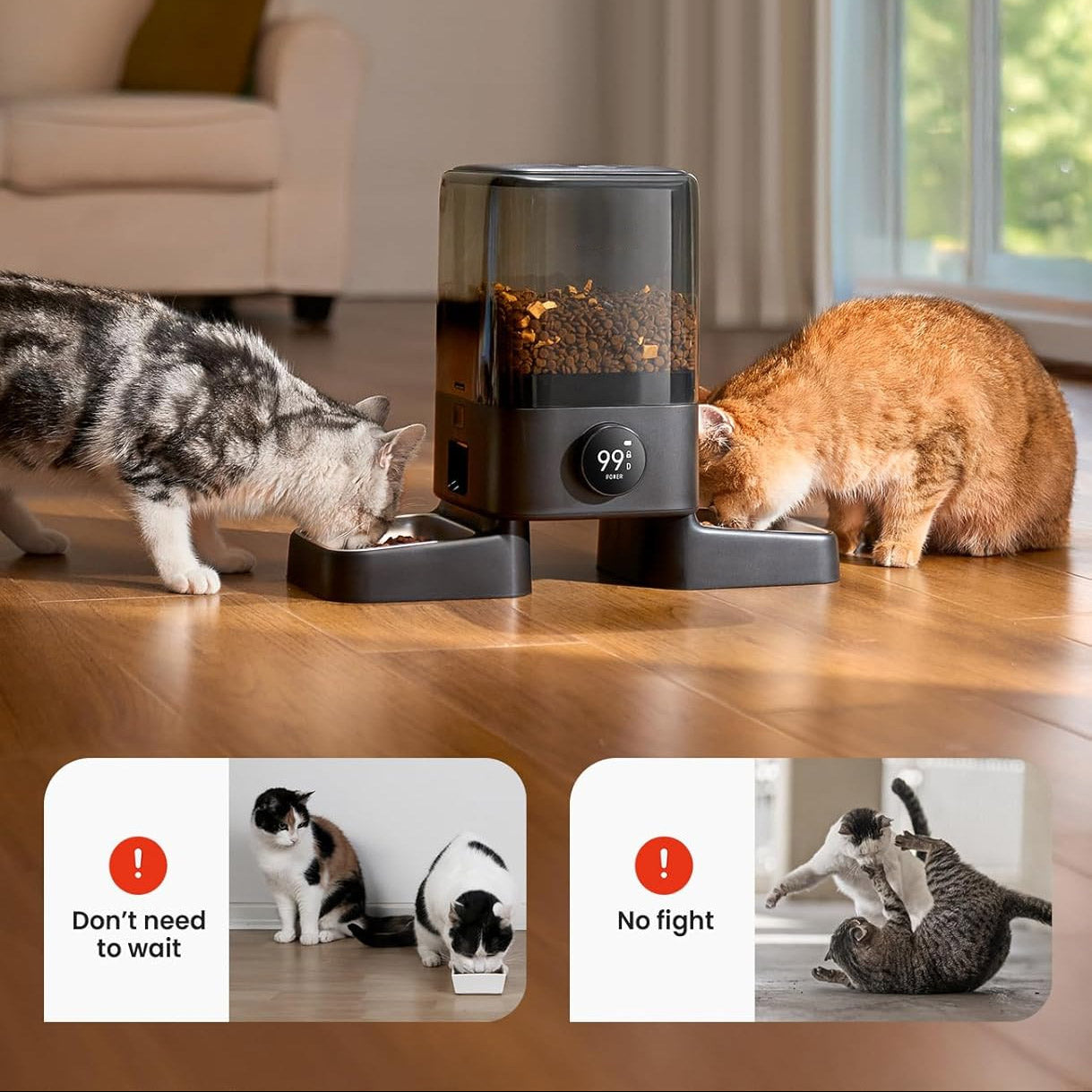 Cordless Automatic Cat Feeder for 2 Cats 5L Dual Bowl WiFi App 100-Day Battery