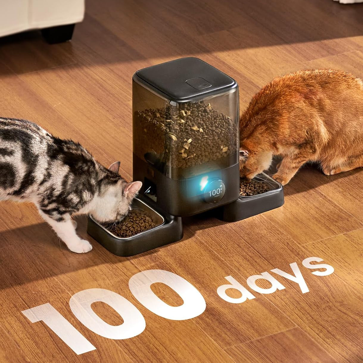 Cordless Automatic Cat Feeder for 2 Cats 5L Dual Bowl WiFi App 100-Day Battery