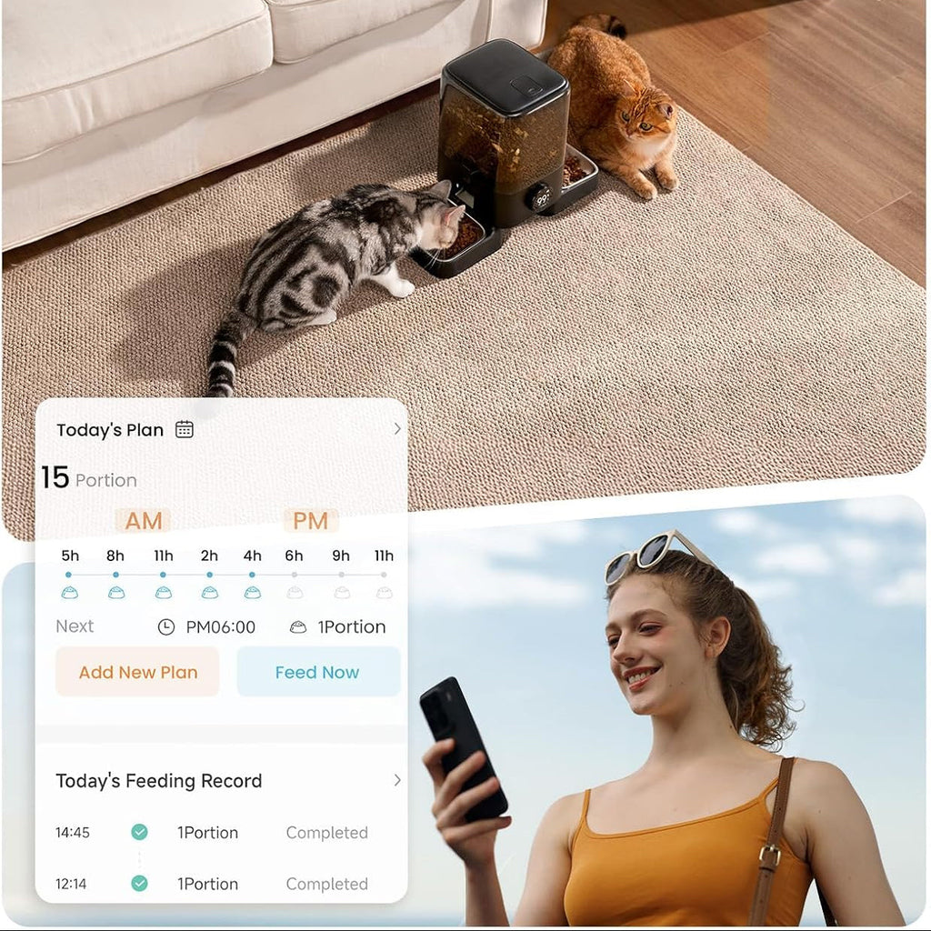 Cordless Automatic Cat Feeder for 2 Cats 5L Dual Bowl WiFi App 100-Day Battery