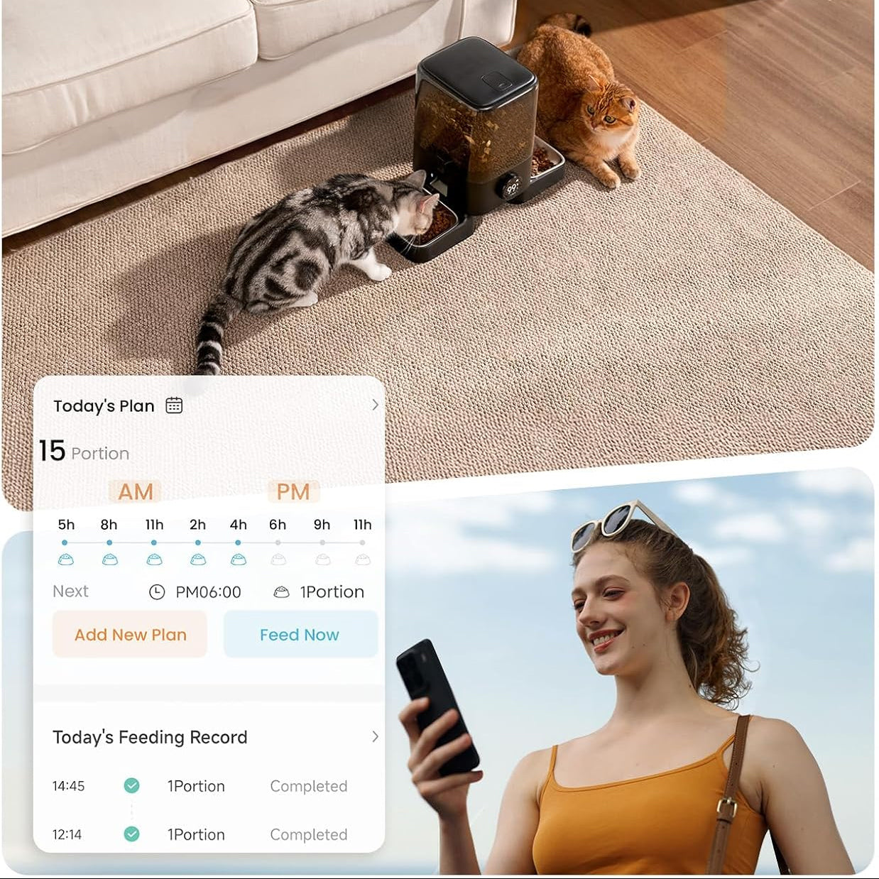 Cordless Automatic Cat Feeder for 2 Cats 5L Dual Bowl WiFi App 100-Day Battery