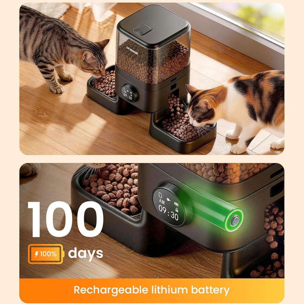 Cordless Automatic Cat Feeder for 2 Cats 5L Dual Bowl WiFi App 100-Day Battery