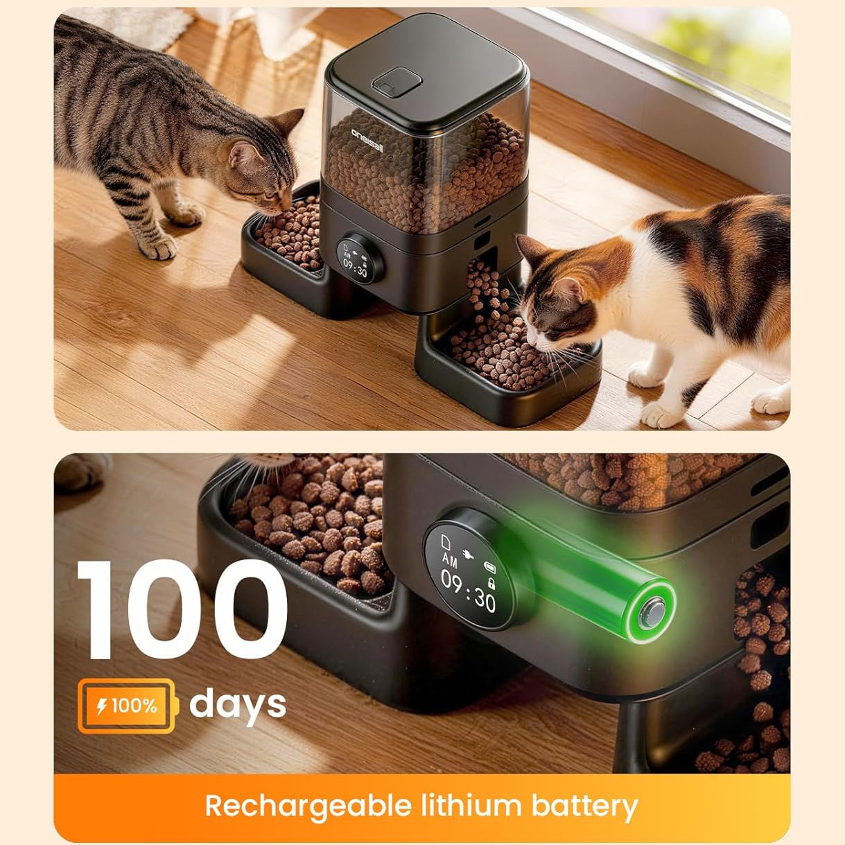 Cordless Automatic Cat Feeder for 2 Cats 5L Dual Bowl WiFi App 100-Day Battery