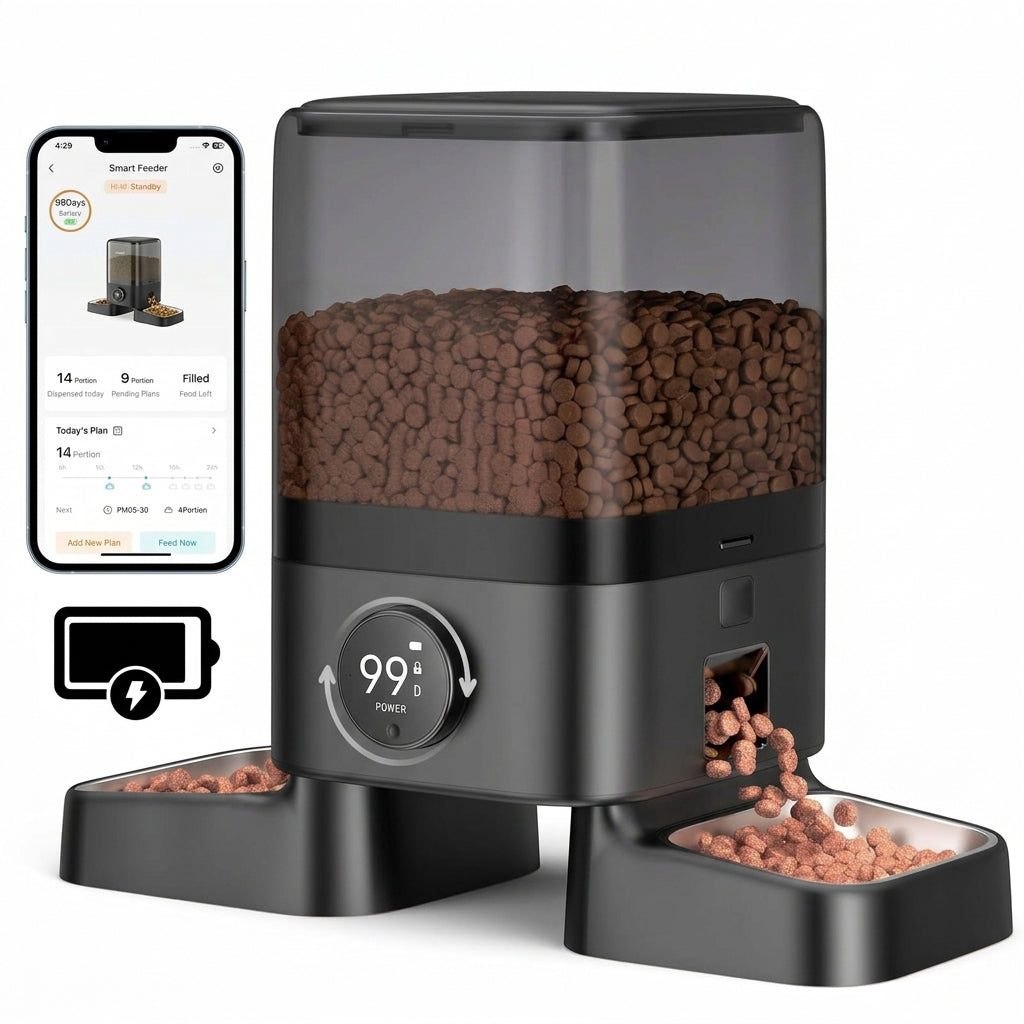 Cordless Automatic Cat Feeder for 2 Cats 5L Dual Bowl WiFi App 100-Day Battery